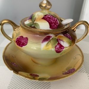 Nippon Hand Painted Yellow Dish Mustard pot with attached under-plate an…